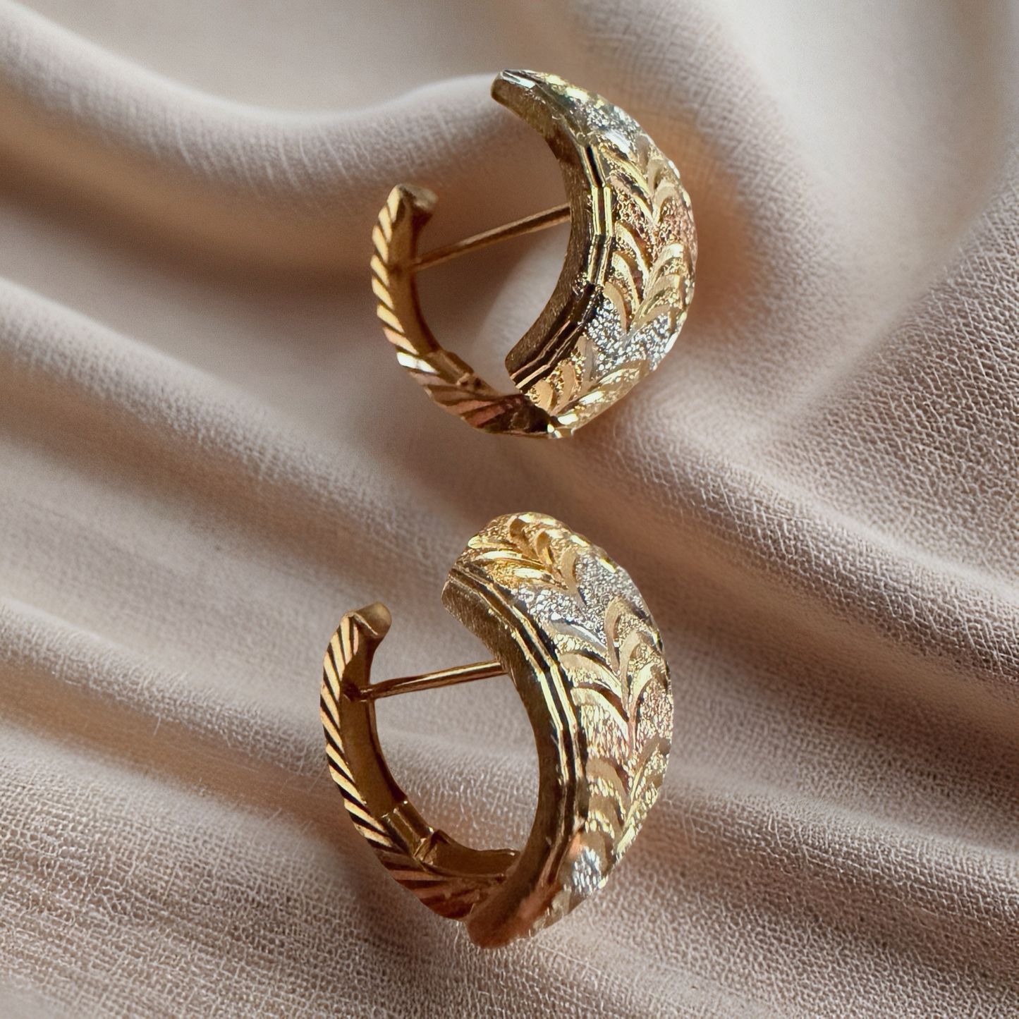 Tricolor Engraved Leaf Hoop Earrings (White, Rose & Yellow Gold)