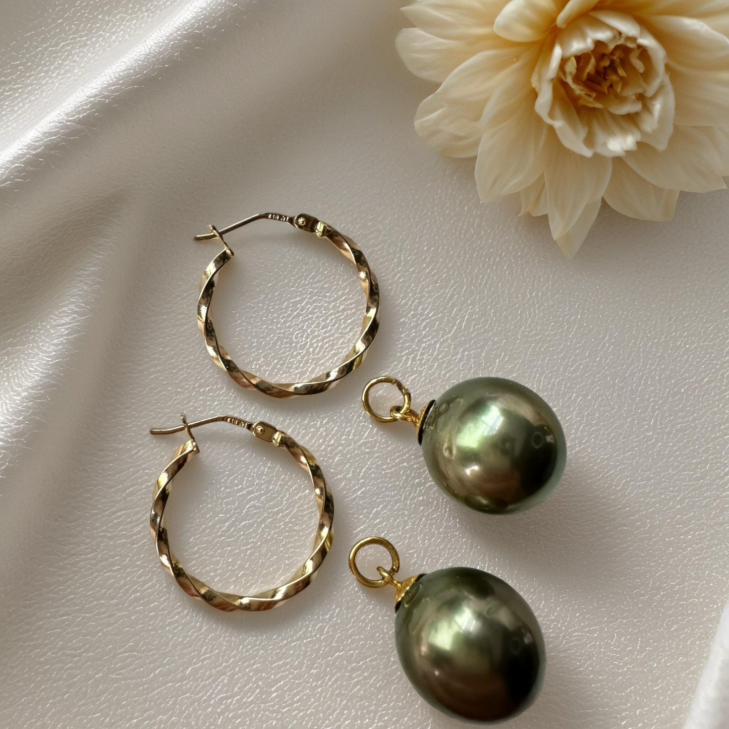 Authentic Pistachio South Sea Pearl Hoop Earrings