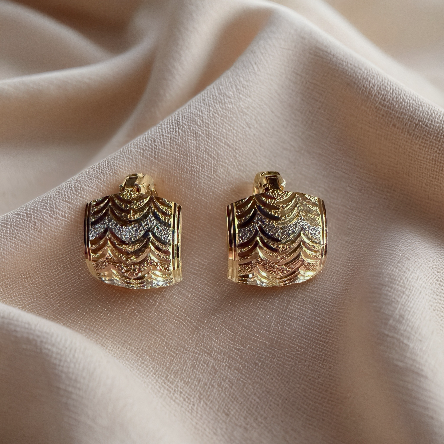 Tricolor Engraved Leaf Hoop Earrings (White, Rose & Yellow Gold)