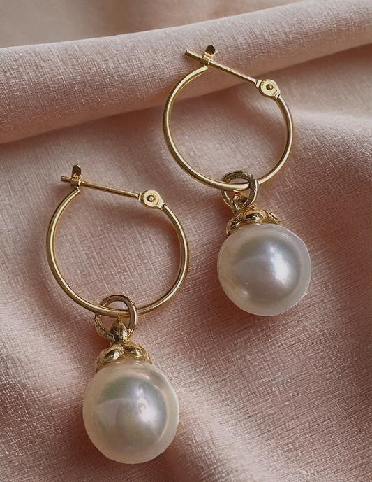 White South Sea Pearl Earrings – 18K Solid Gold Hoops
