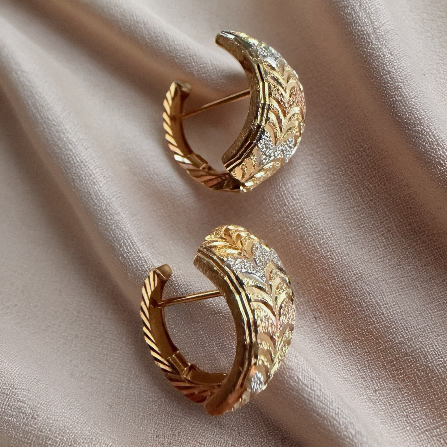 Tricolor Engraved Leaf Hoop Earrings (White, Rose & Yellow Gold)