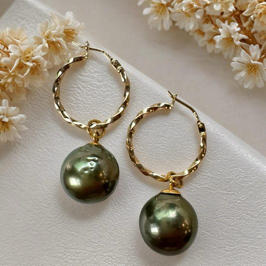 Authentic Pistachio South Sea Pearl Hoop Earrings