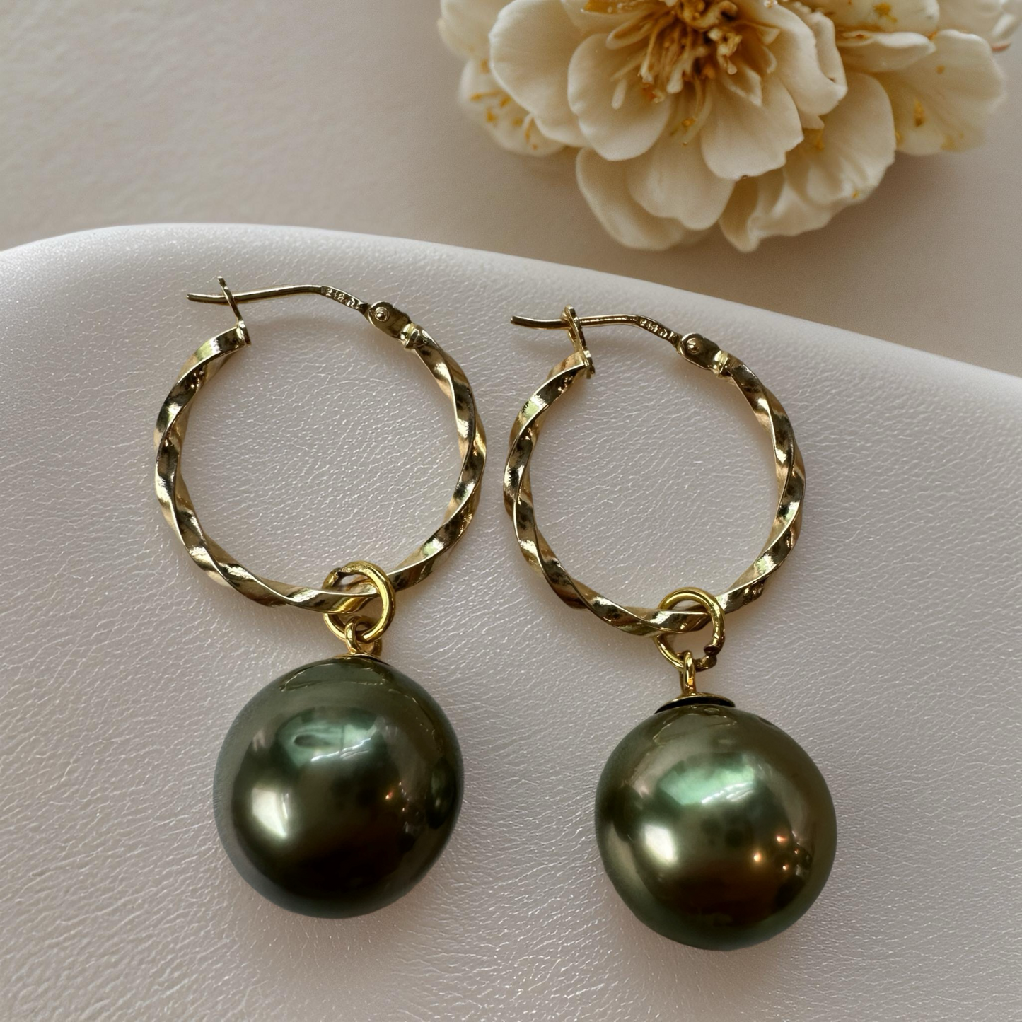 Authentic Pistachio South Sea Pearl Hoop Earrings